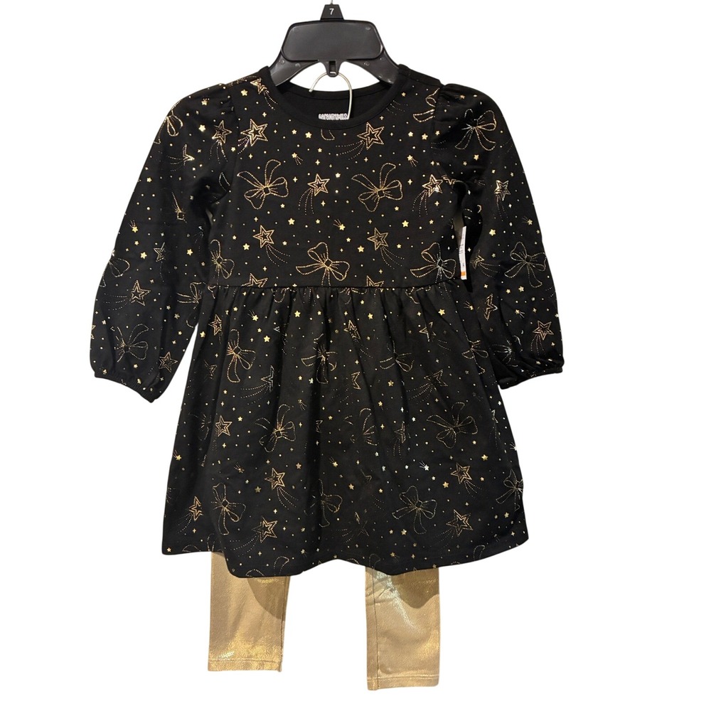 Garanimals‎ Kids Girls Black Gold Star Bow Long Sleeve Dress & Leggings Set 4T
